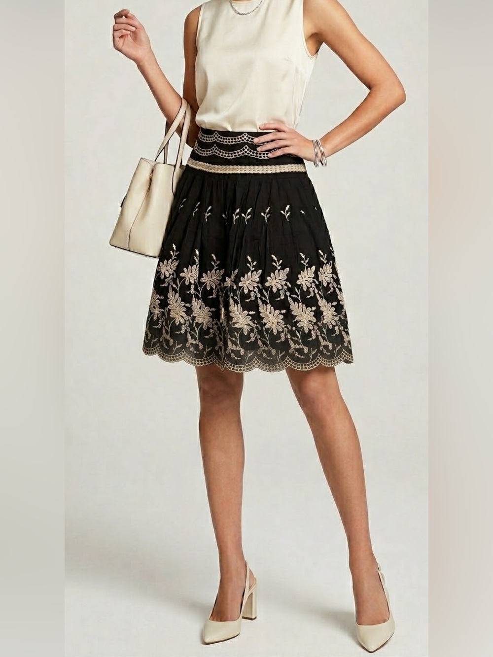 Vintage Y2K Black Cotton A-Line Skirt with Cream Embroidery, Scalloped Trim